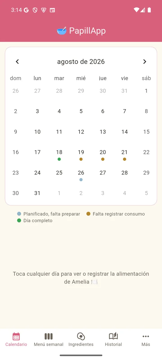 Calendario del mes con días completos y pendientes