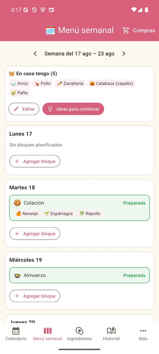 Menú semanal con bloques planificados y preparados